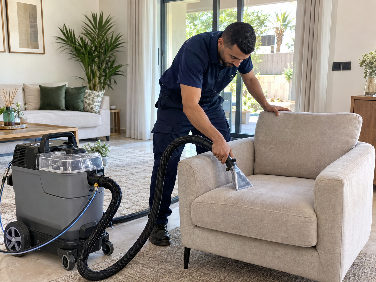 Technicien utilisant une machine professionnelle pour nettoyer un fauteuil